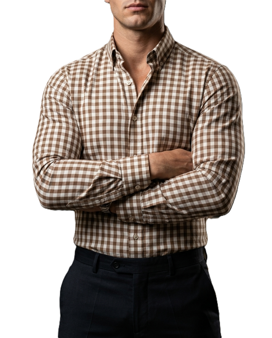 Camisa Hombre Casual Cuadros Marrón, Blancos
