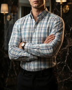 Camisa Hombre Casual Blanca Cuadros Azules, Gris