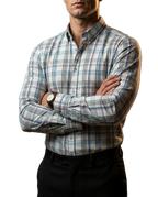 Camisa Hombre Casual Blanca Cuadros Azules, Gris