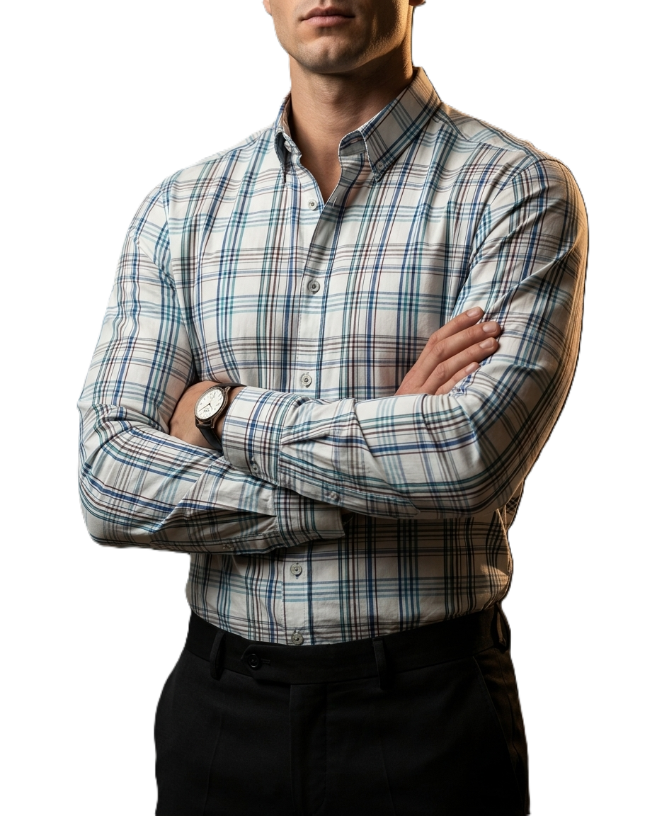 Camisa Hombre Casual Blanca Cuadros Azules, Gris