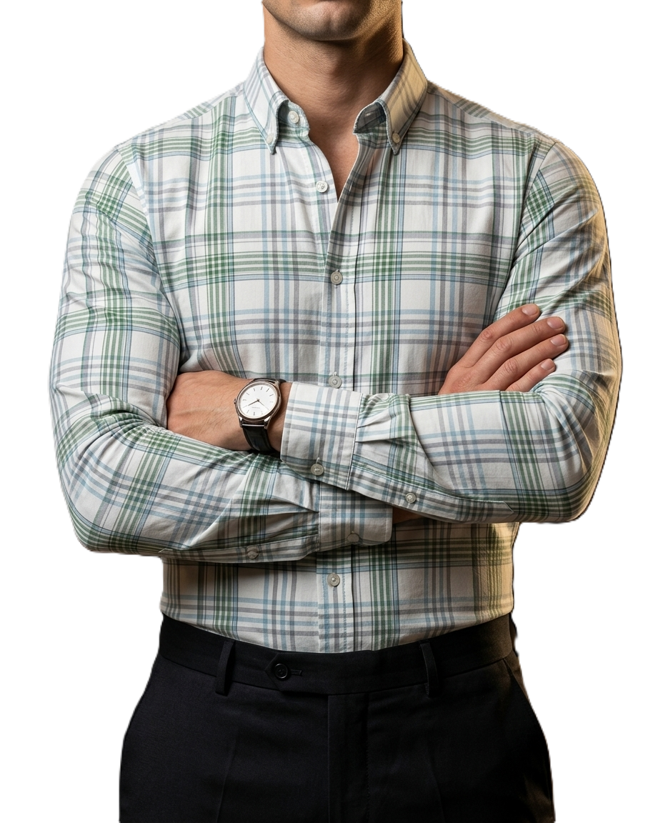 Camisa Hombre Casual Blanca Cuadros Gris Verde Azul