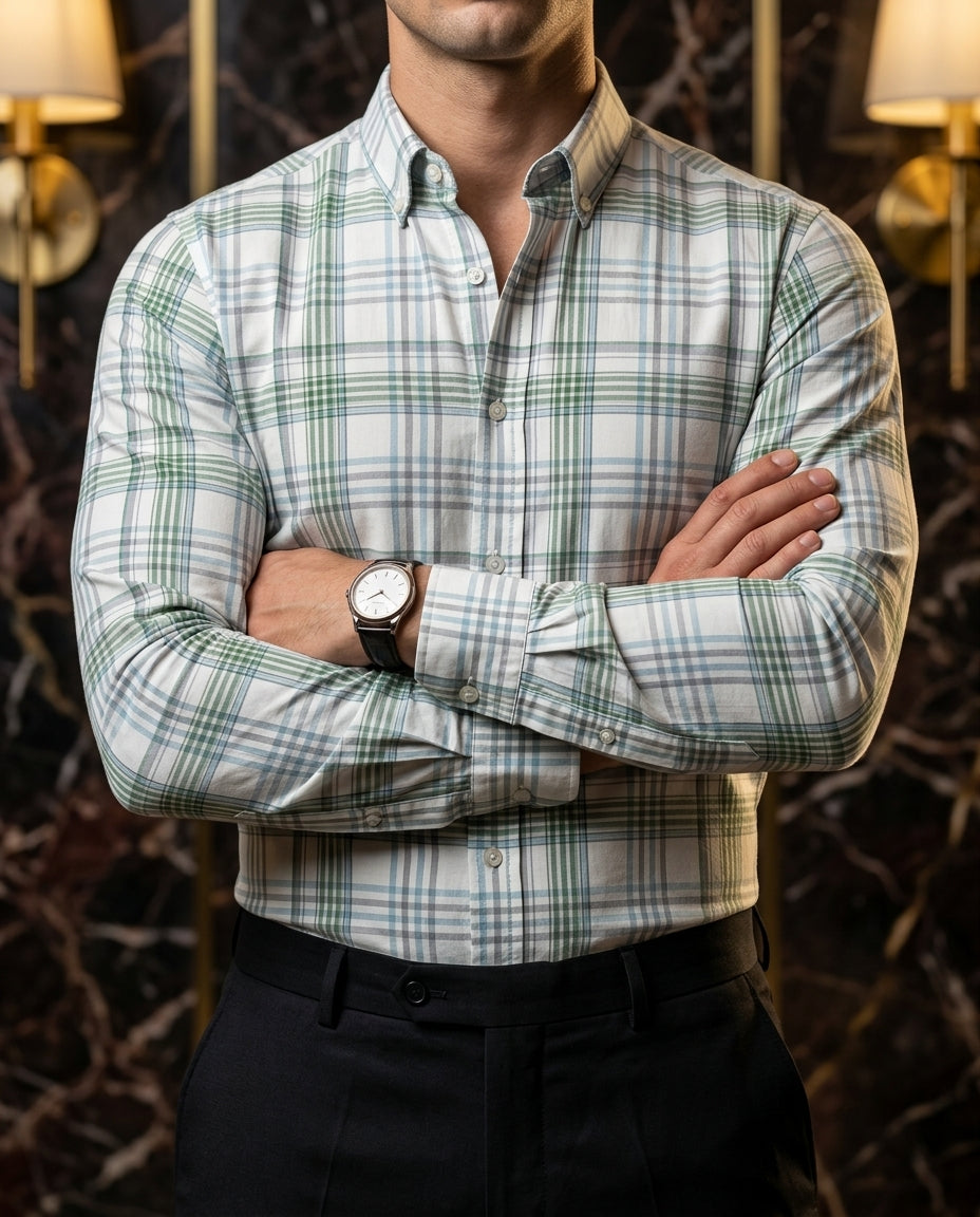 Camisa Hombre Casual Blanca Cuadros Gris Verde Azul