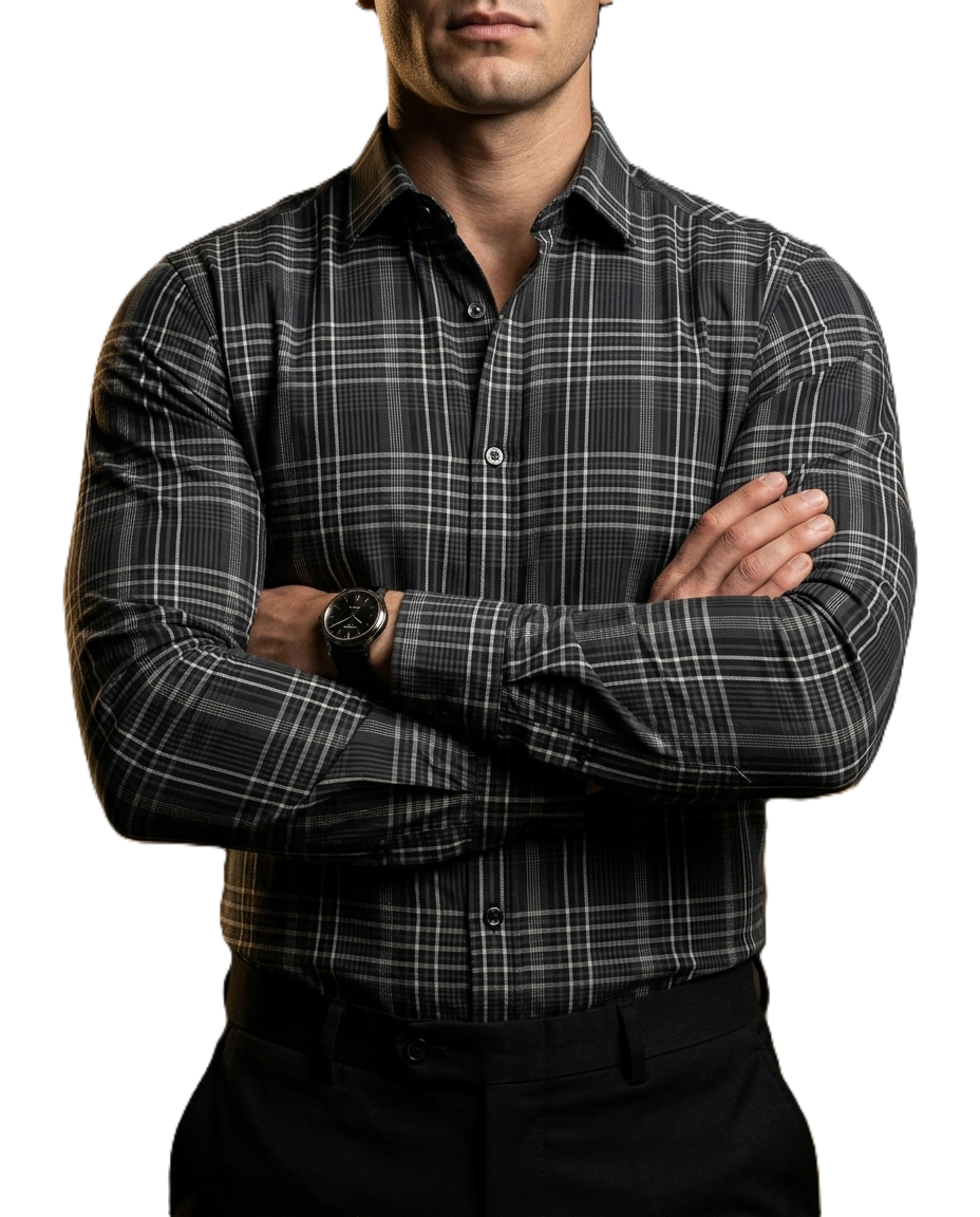 Camisa Hombre Casual Negra Cuadros Lineas Blancas