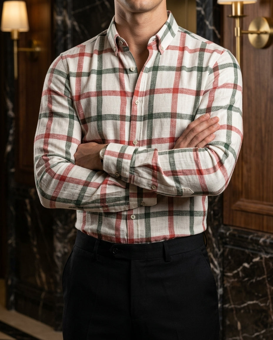 Camisa Hombre Casual Cuadros Blancos Lineas Rojas, Negras