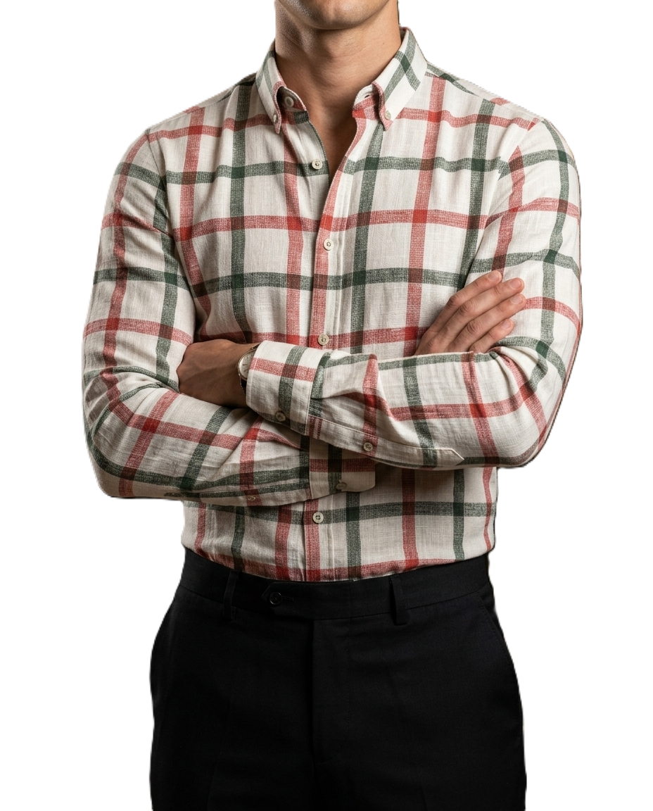 Camisa Hombre Casual Cuadros Blancos Lineas Rojas, Negras