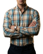Camisa Hombre Casual Cuadros Beige, Azul Claro