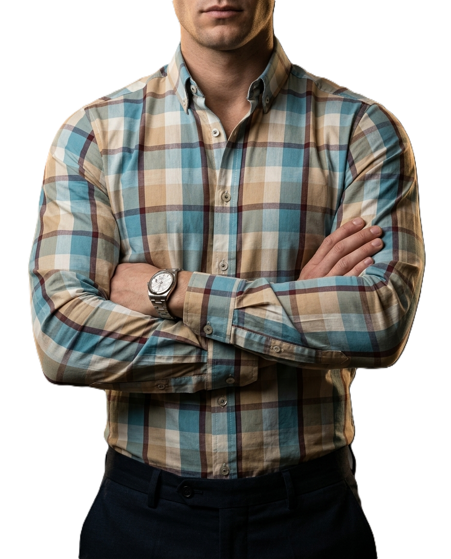 Camisa Hombre Casual Cuadros Beige, Azul Claro