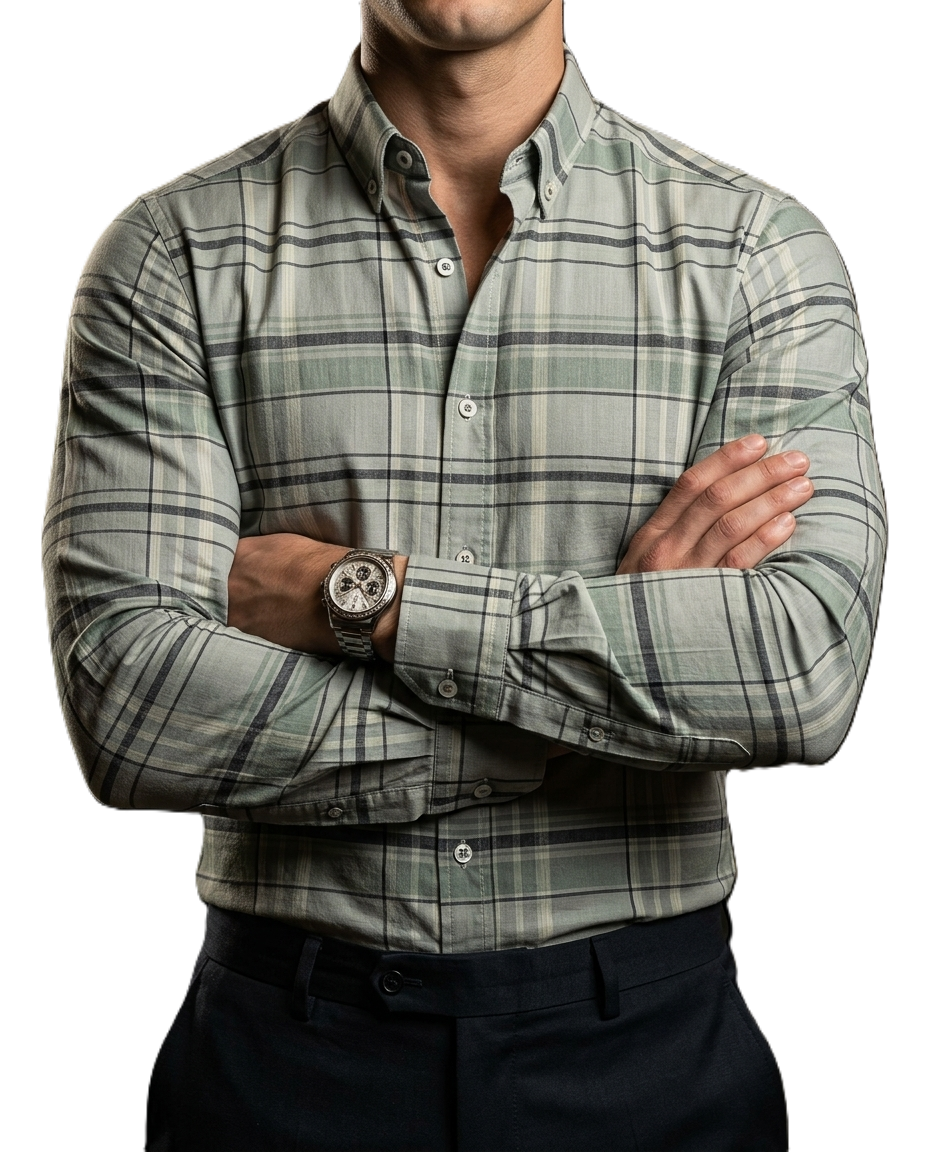 Camisa Hombre Casual Cuadros Verde, Gris