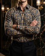 Camisa Hombre Casual Azul Floreada Enredadera Dorada