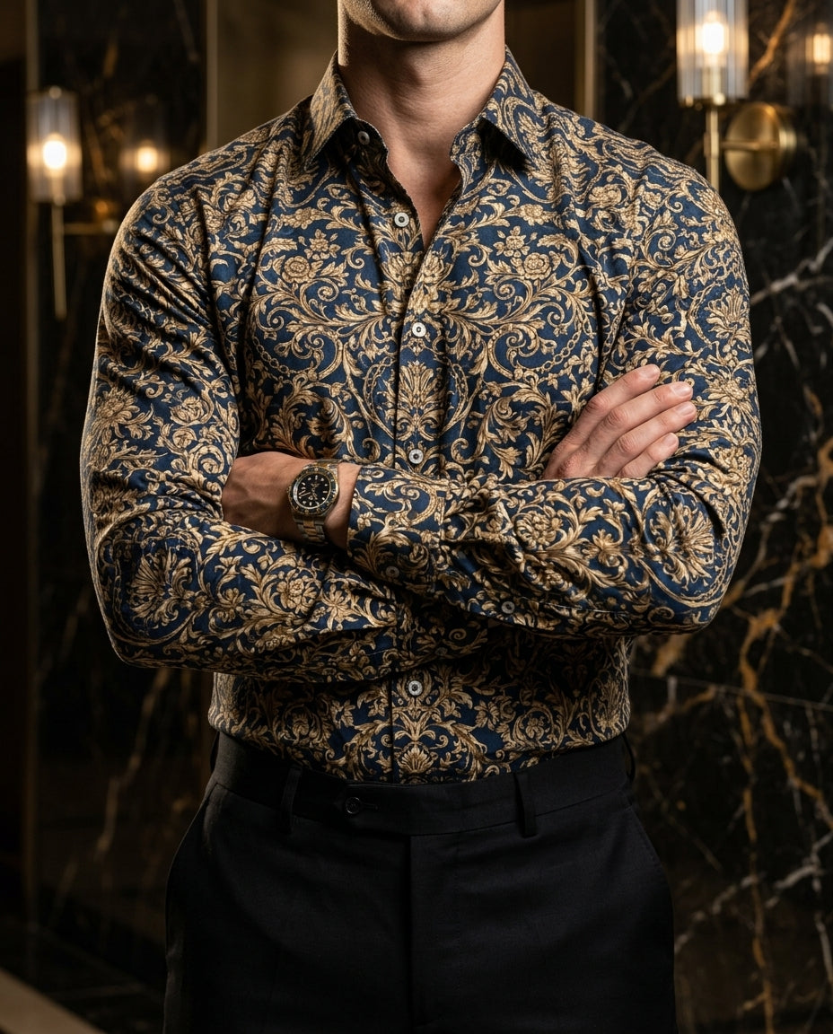 Camisa Hombre Casual Azul Floreada Enredadera Dorada