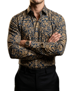 Camisa Hombre Casual Azul Floreada Enredadera Dorada