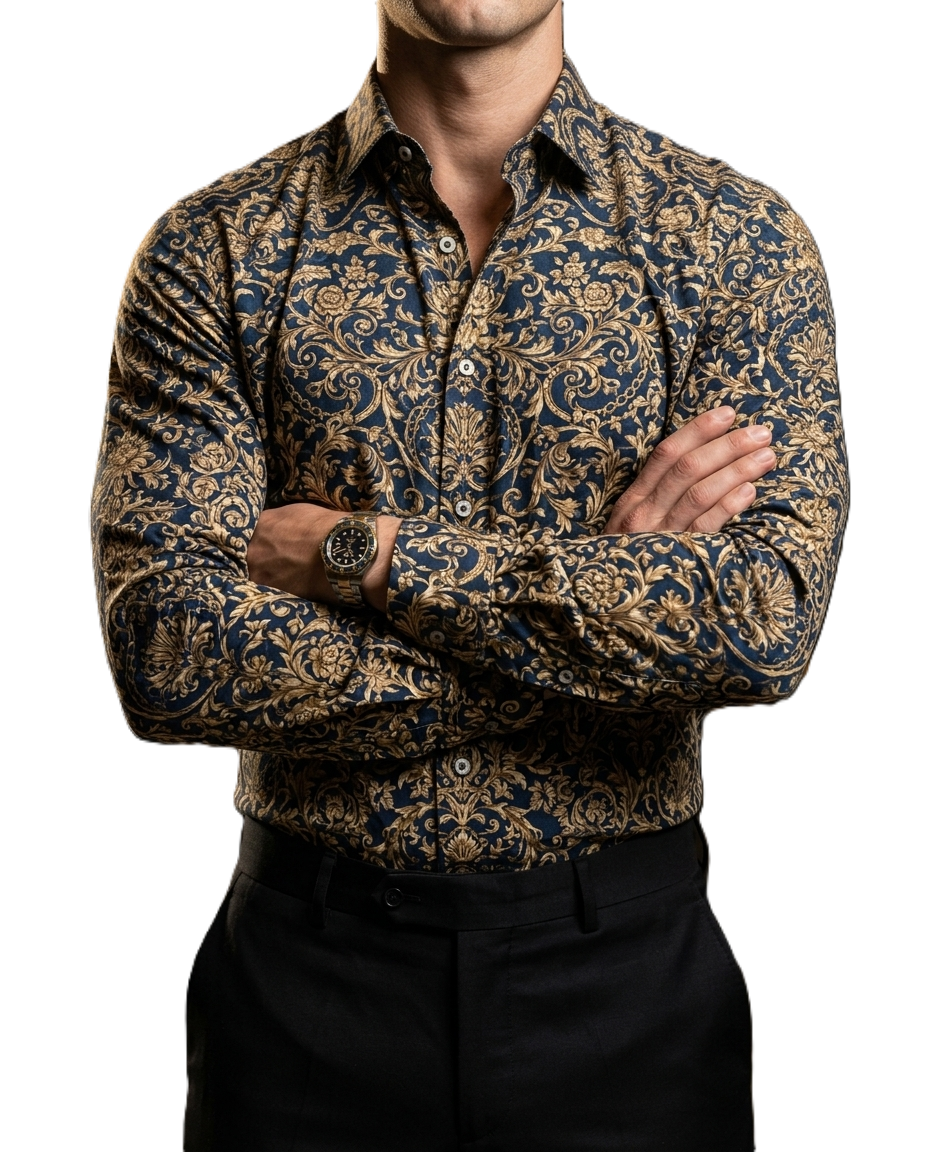Camisa Hombre Casual Azul Floreada Enredadera Dorada