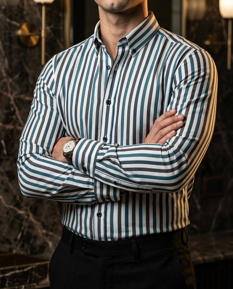 Camisa Hombre Casual Rayas Blancas, Negras, Verdes