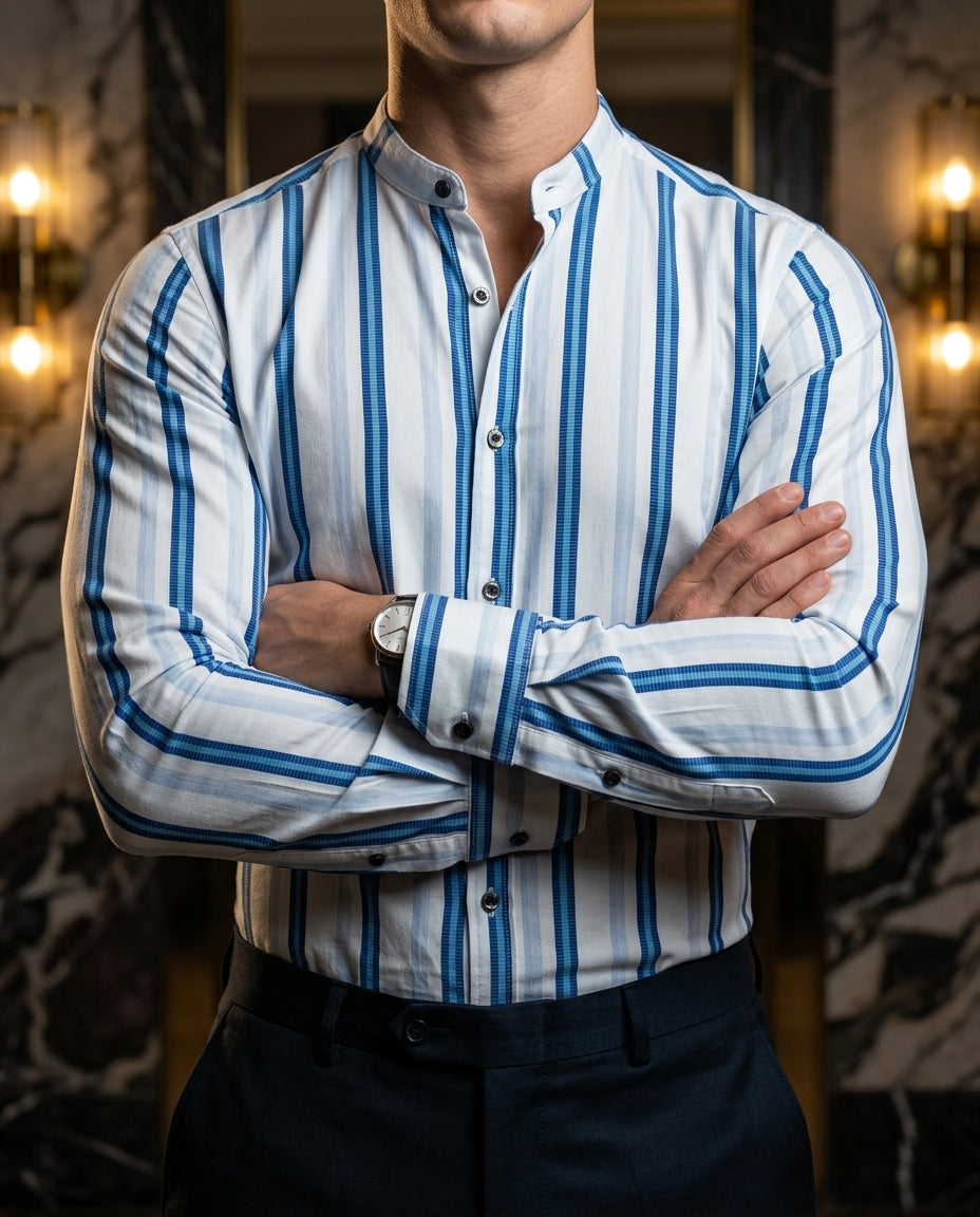 Camisa Hombre Casual Blanca Rayas Azules