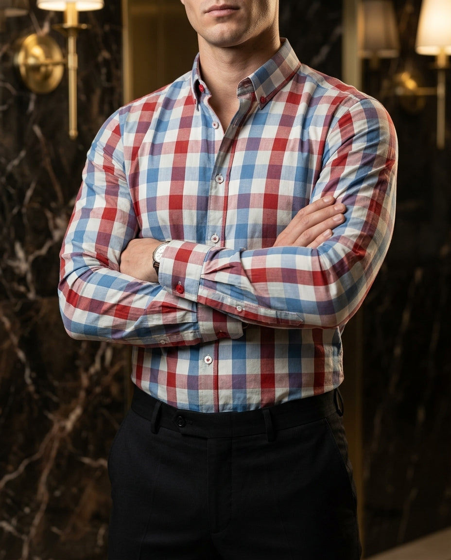 Camisa Hombre Casual Cuadros Azul Cielo, Rojos, Blancos