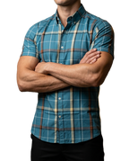Camisa Hombre Casual Cuadros Azul Turquesa, Beige