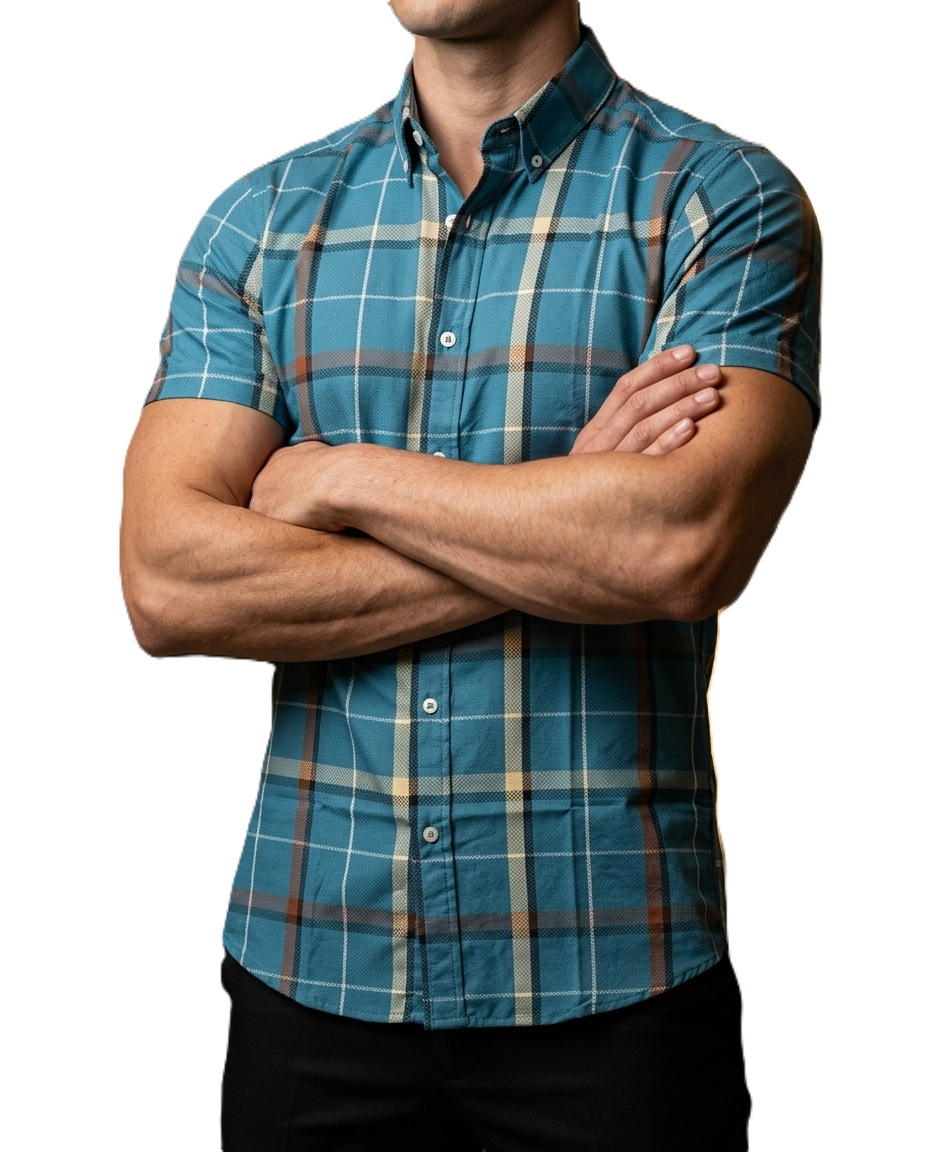 Camisa Hombre Casual Cuadros Azul Turquesa, Beige
