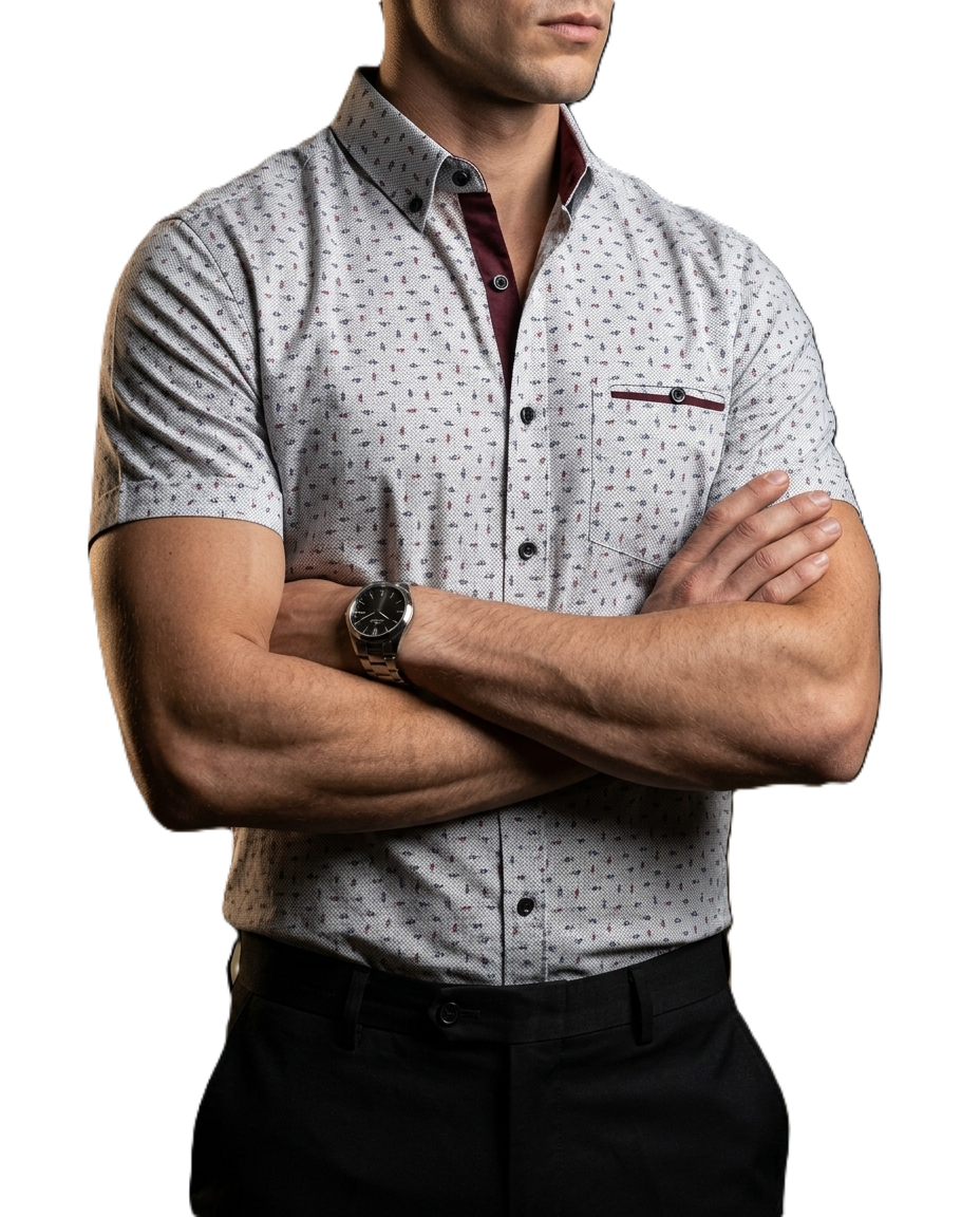 Camisa Hombre Casual Manga Corta Blanca Figuras Vino, Marino