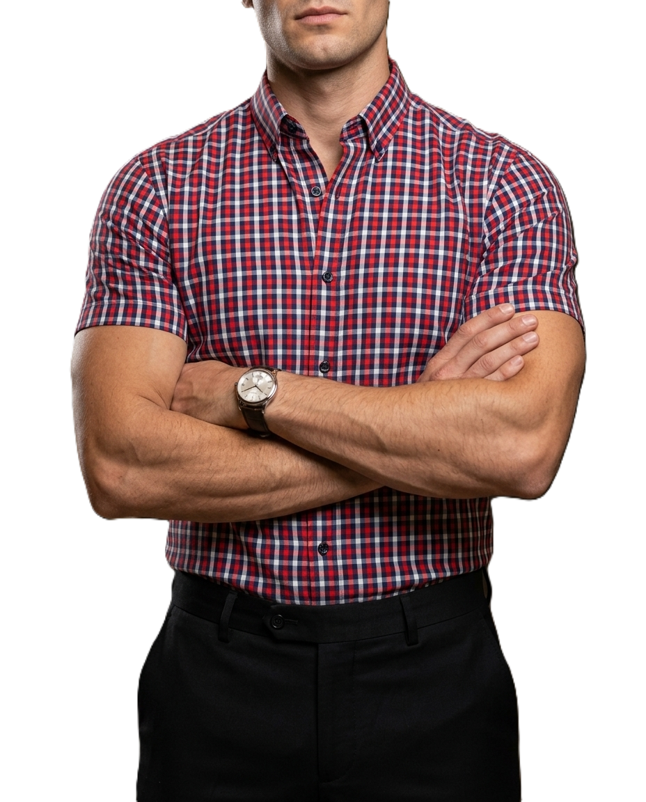 Camisa Hombre Casual Manga Corta Cuadros Marino, Rojos, Blancos