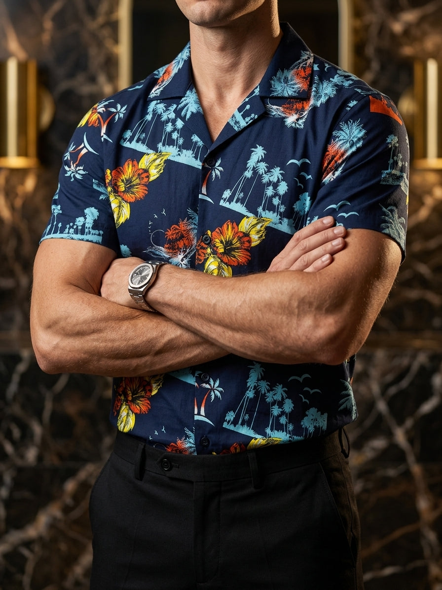 Camisa Hombre Casual Marino Palmeras Flores