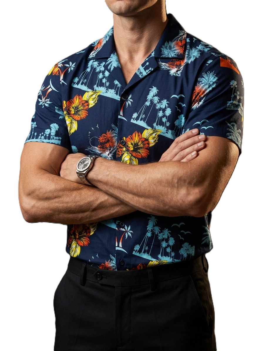 Camisa Hombre Casual Marino Palmeras Flores