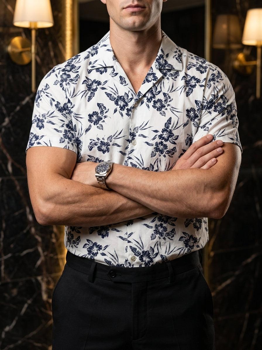 Camisa Hombre Casual Manga Corta Blanca Flores Marino