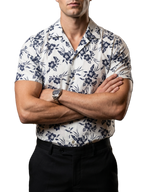 Camisa Hombre Casual Manga Corta Blanca Flores Marino