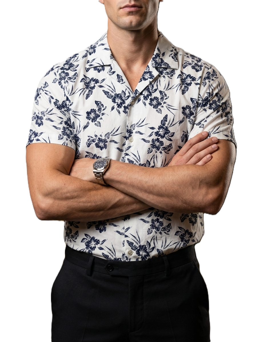 Camisa Hombre Casual Manga Corta Blanca Flores Marino