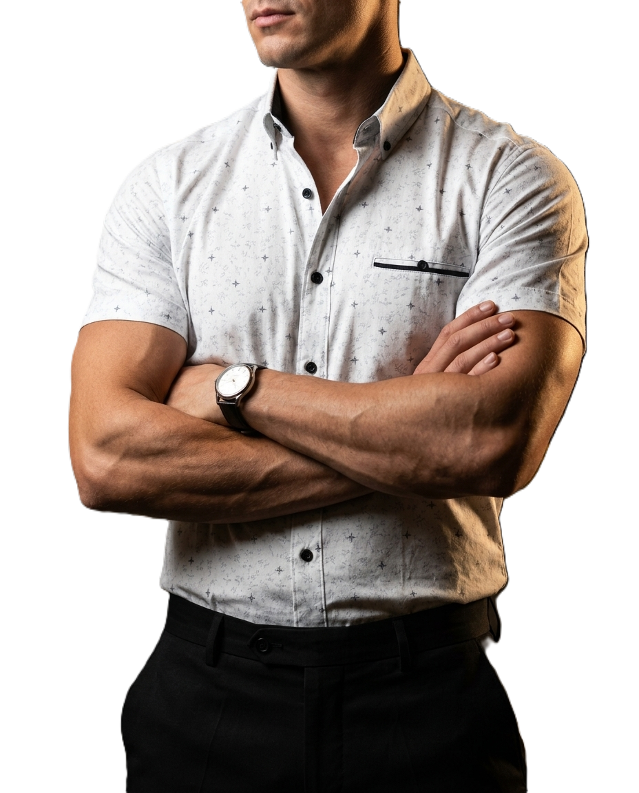 Camisa Hombre Casual Manga Corta Blanca Mini Figuras Negras
