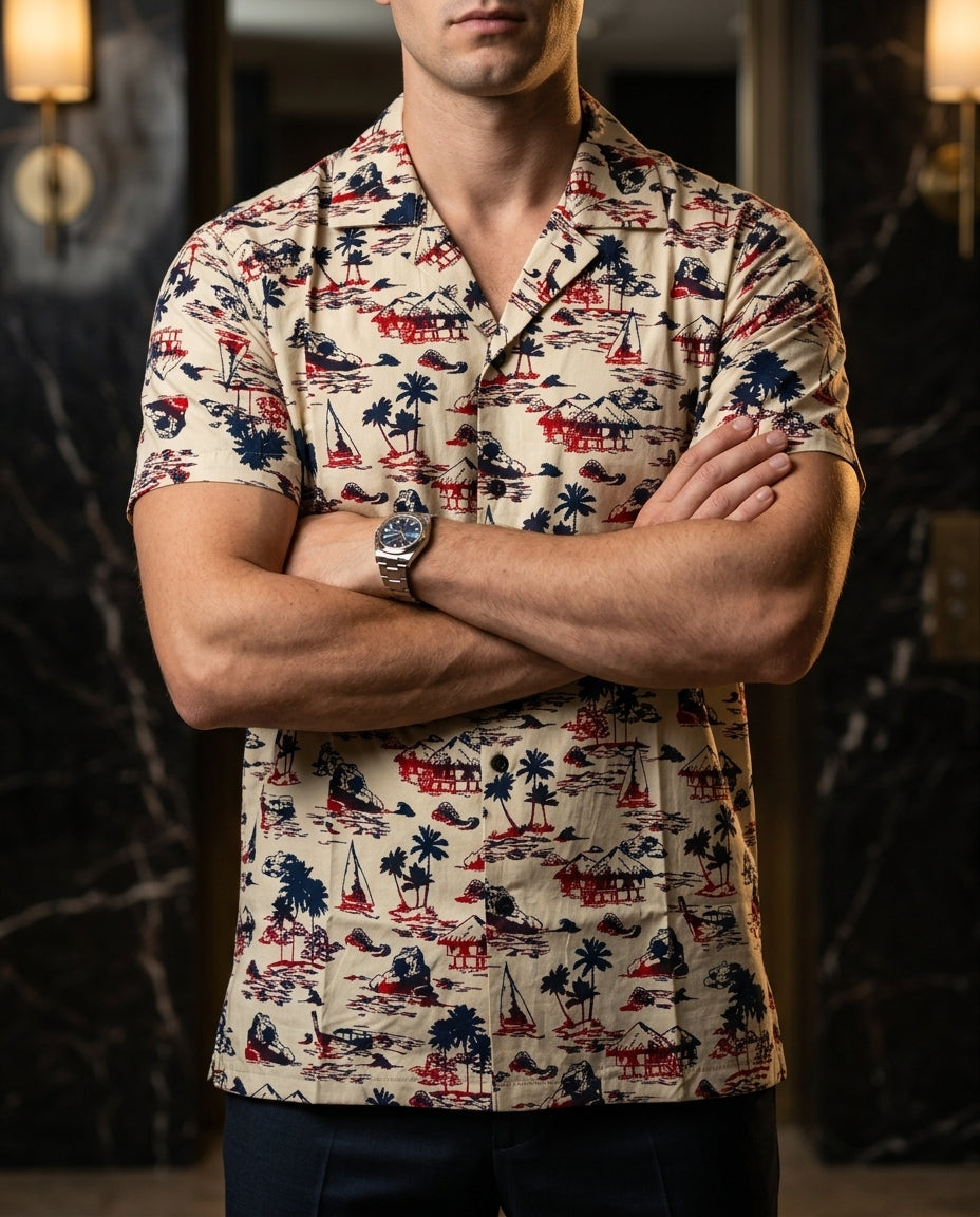 Camisa Hombre Casual Manga Corta Beige Playa