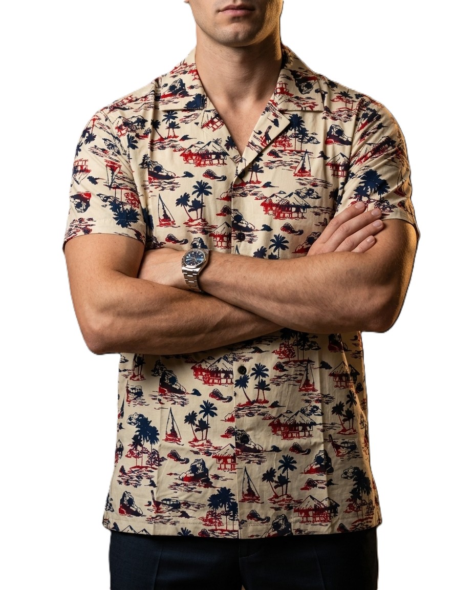 Camisa Hombre Casual Manga Corta Beige Playa