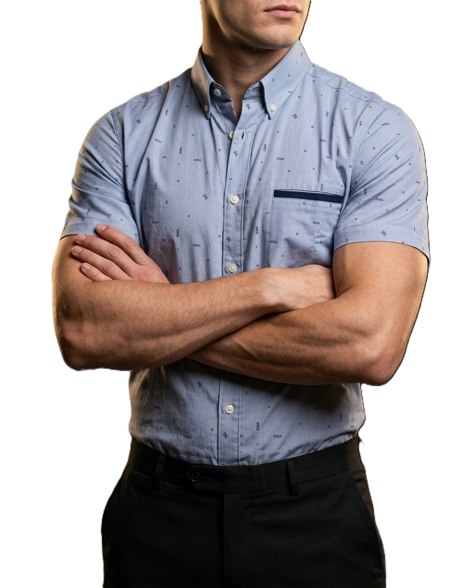Camisa Hombre Casual Manga Corta Azul Claro Figuras Negras