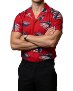 Camisa Hombre Casual Manga Corta Roja Hojas Blancas, Marino