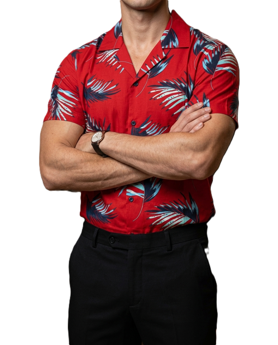 Camisa Hombre Casual Manga Corta Roja Hojas Blancas, Marino