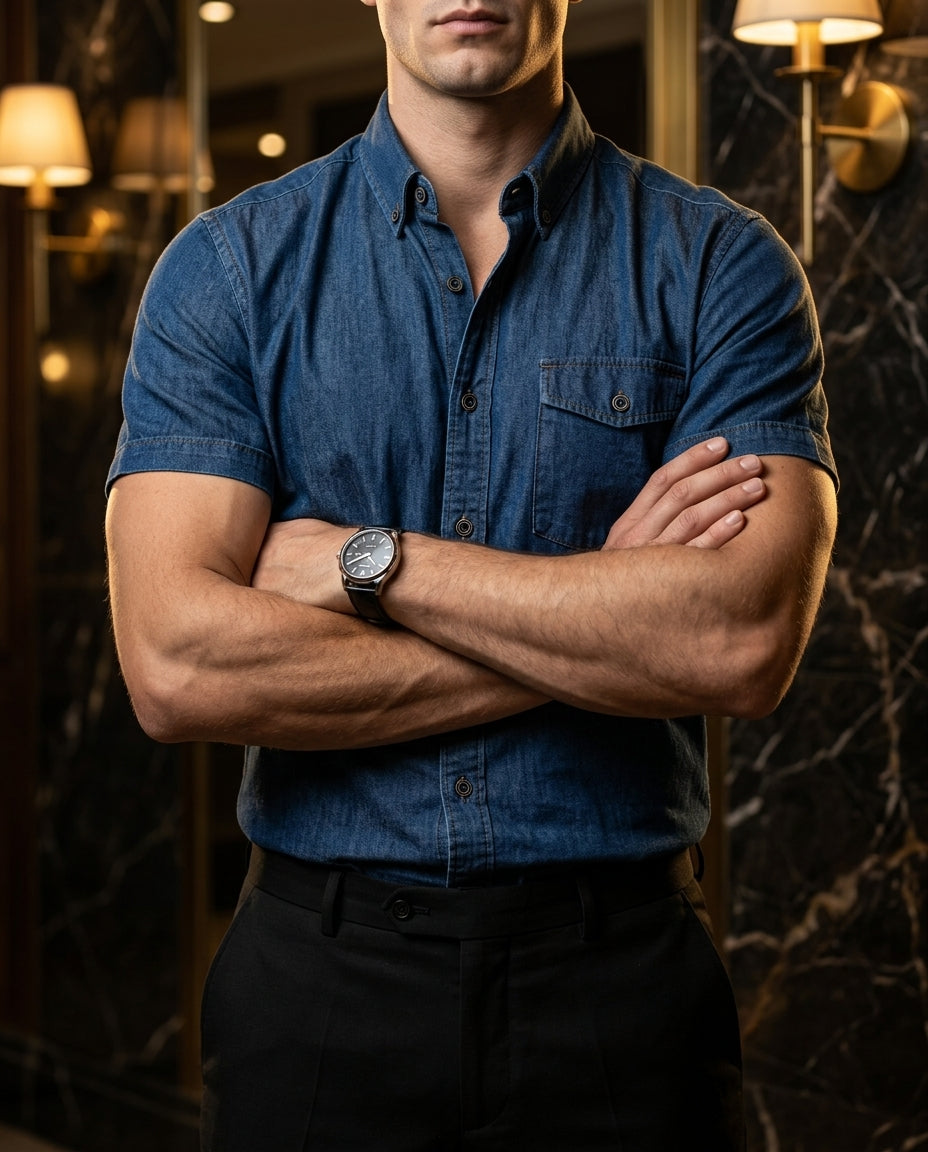 Camisa Hombre Casual Manga Corta Azul Petroleo