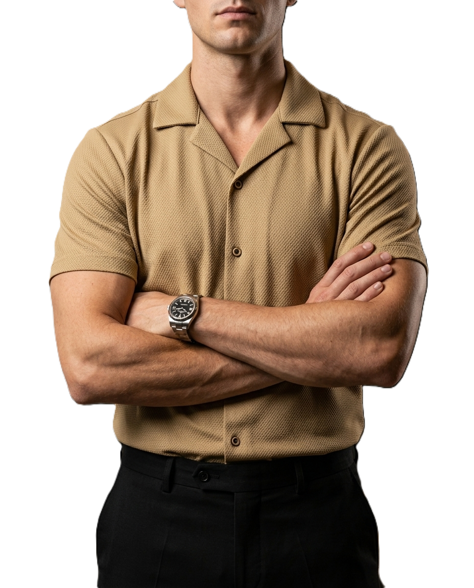 Camisa Hombre Casual Beige Lisa Texturizada