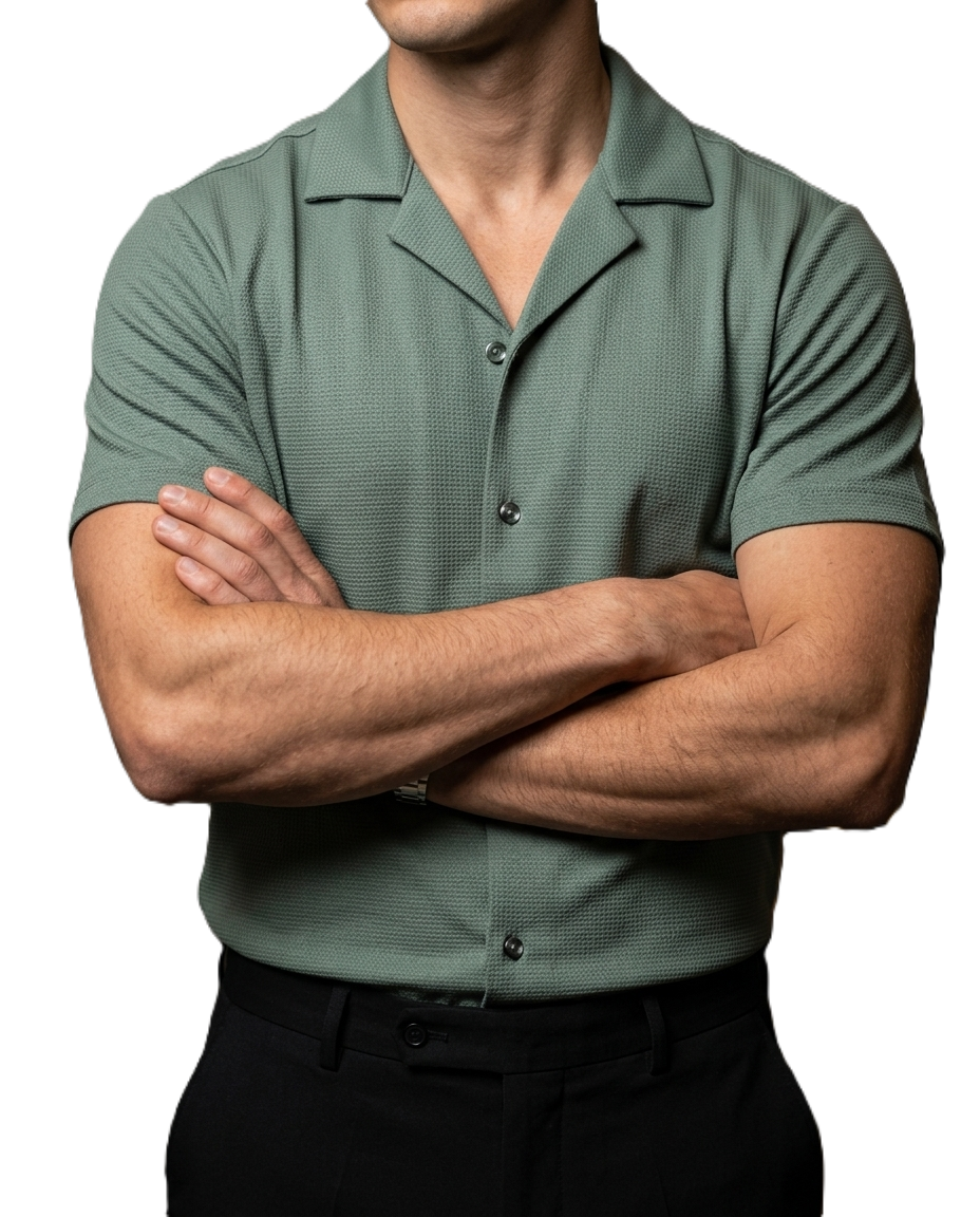 Camisa Hombre Casual Verde Lisa Texturizada