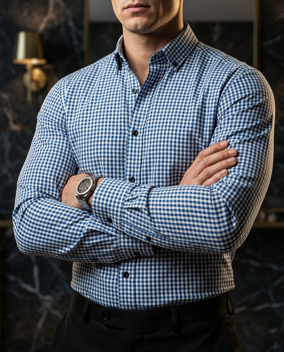 Camisa Hombre Casual Mini Cuadros Azules, Blancos