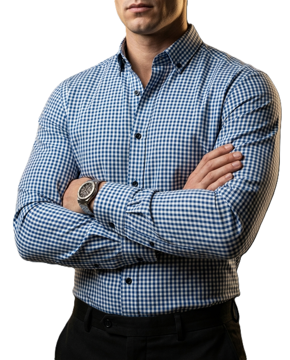 Camisa Hombre Casual Mini Cuadros Azules, Blancos
