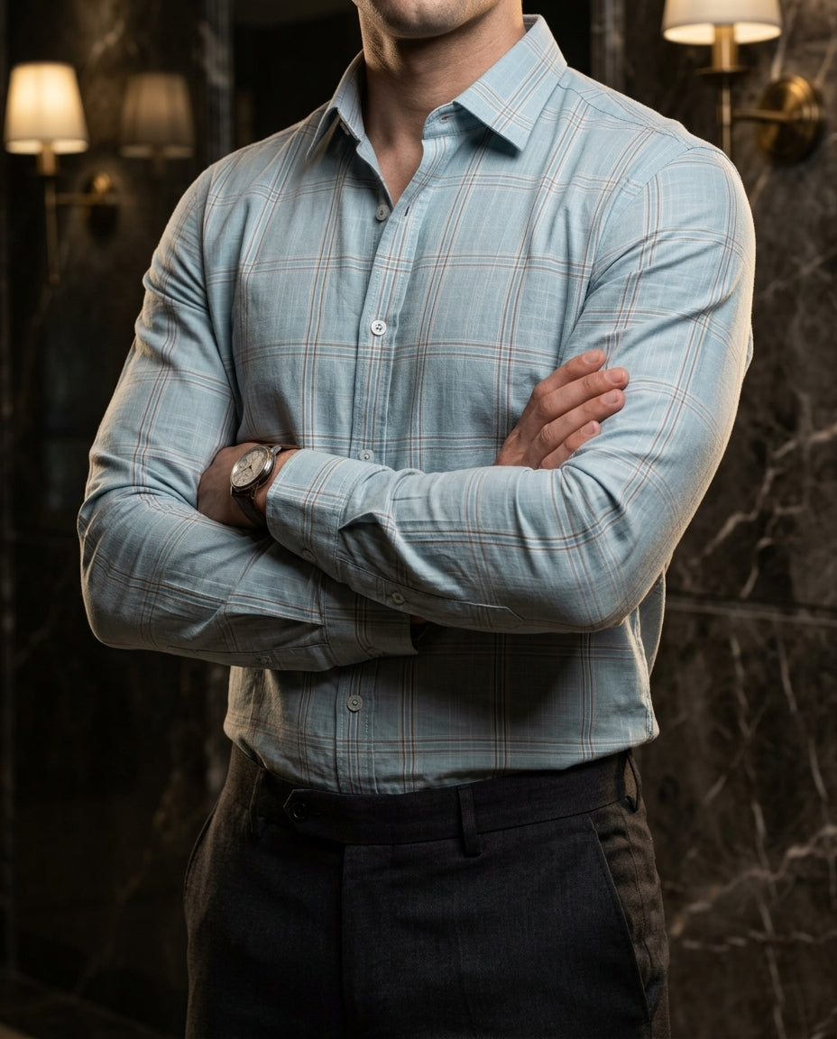 Camisa Hombre Casual Azul Cielo Lineas Gris