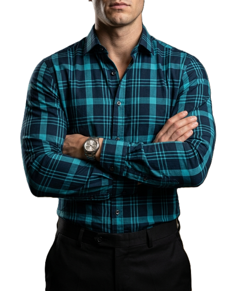 Camisa Hombre Cuadros Marino Cuadros Turquesa