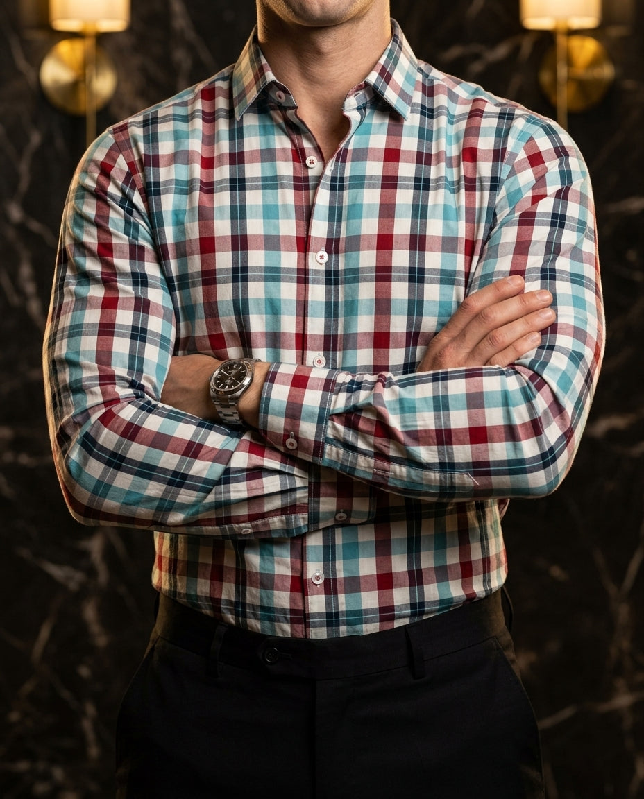 Camisa Slim Fit Cuadros Blanco Vino Azul