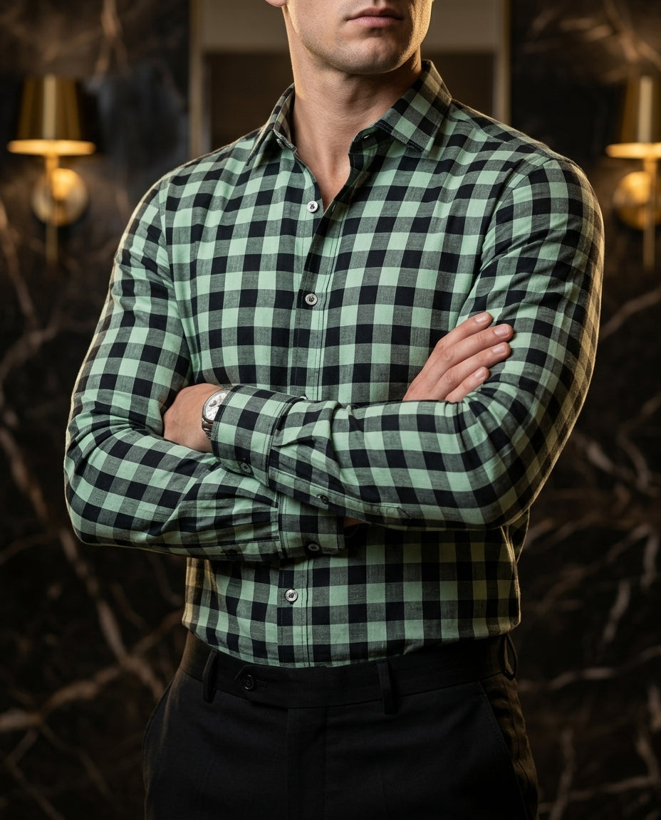 Camisa Slim Fit Cuadros Gris Verde Oliva