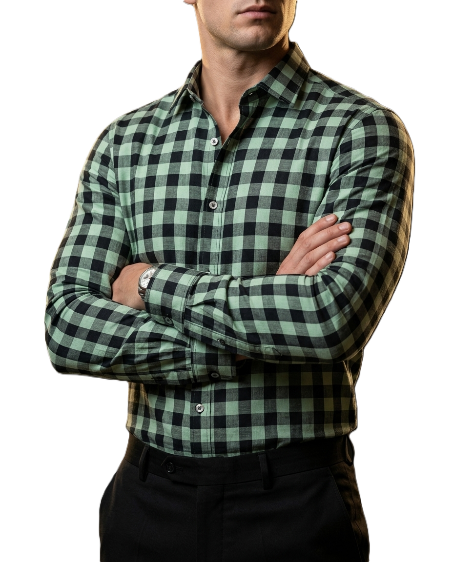 Camisa Hombre Casual Cuadros Verde Claro, Negros