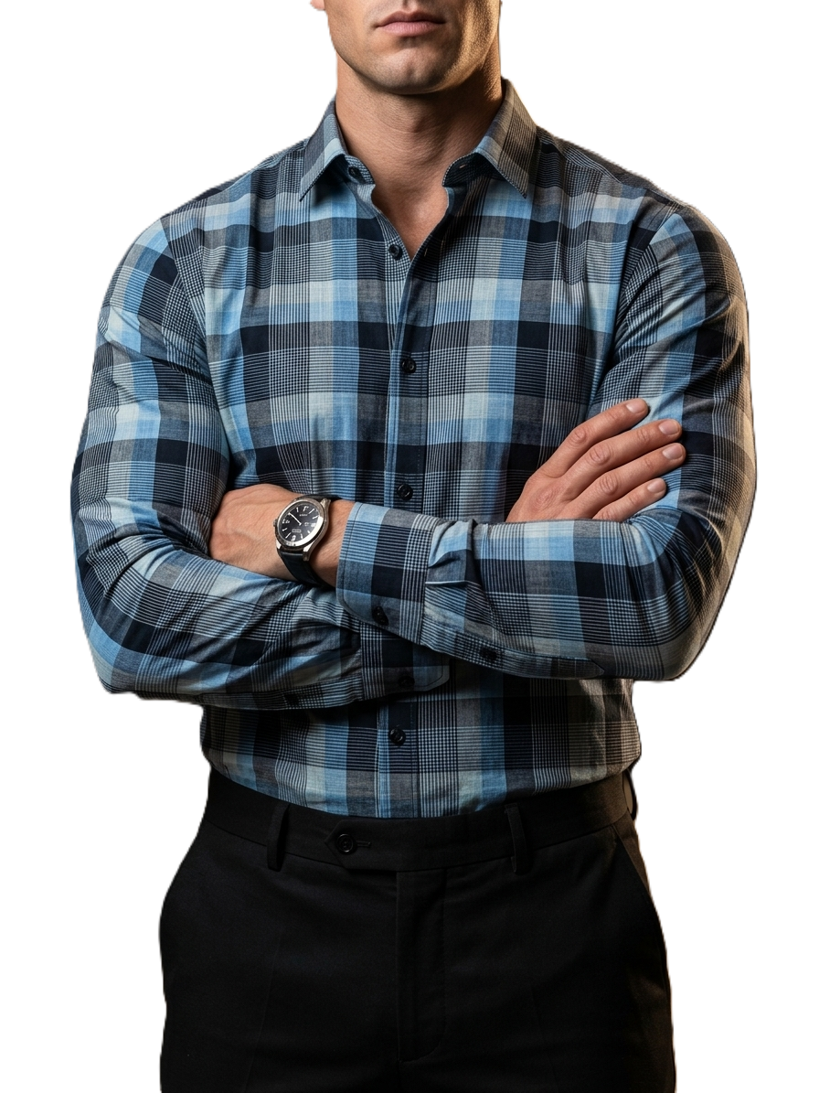 Camisa Hombre Casual Cuadros Azules, Negros