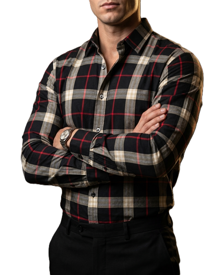 Camisa Hombre Casual Cuadros Negros, Blancos Lineas Rojas