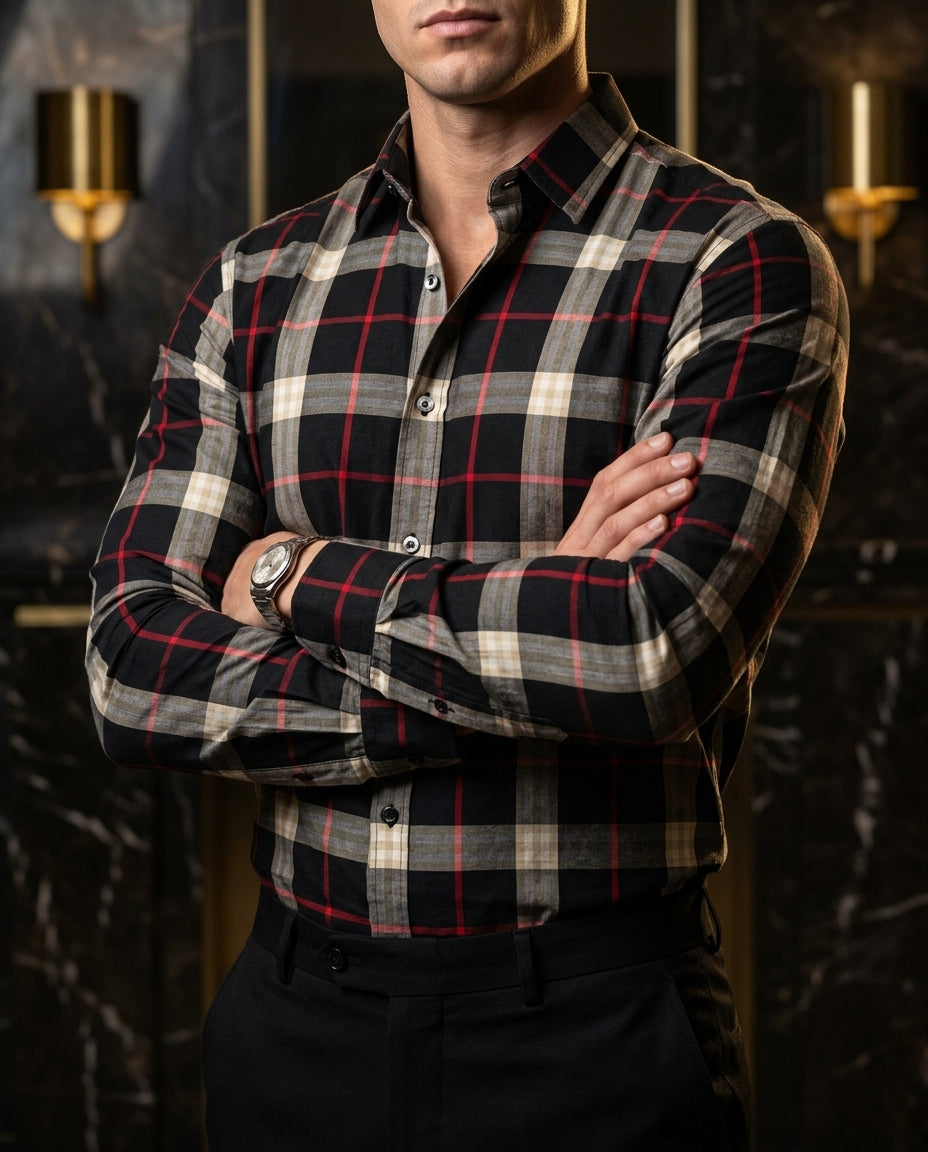 Camisa Hombre Casual Cuadros Negros, Blancos Lineas Rojas