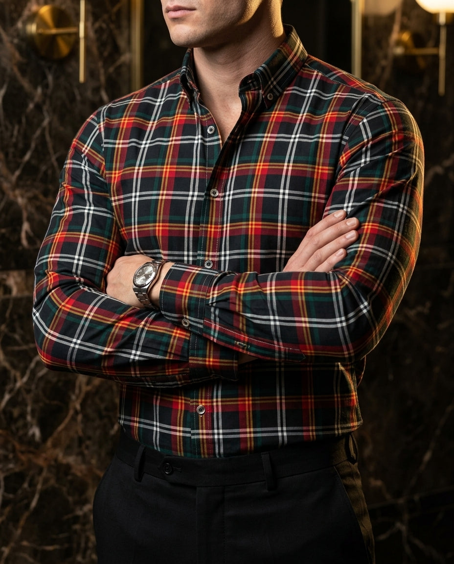 Camisa Slim Fit Cuadros Negro Rojo Amarillo