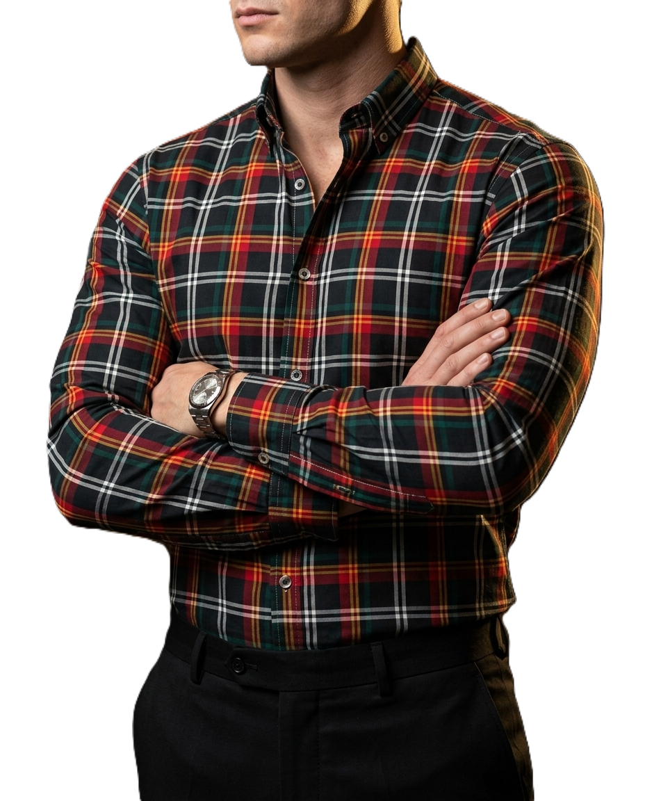 Camisa Hombre Casual Negra Cuadros Rojos, Verdes, Naranjas