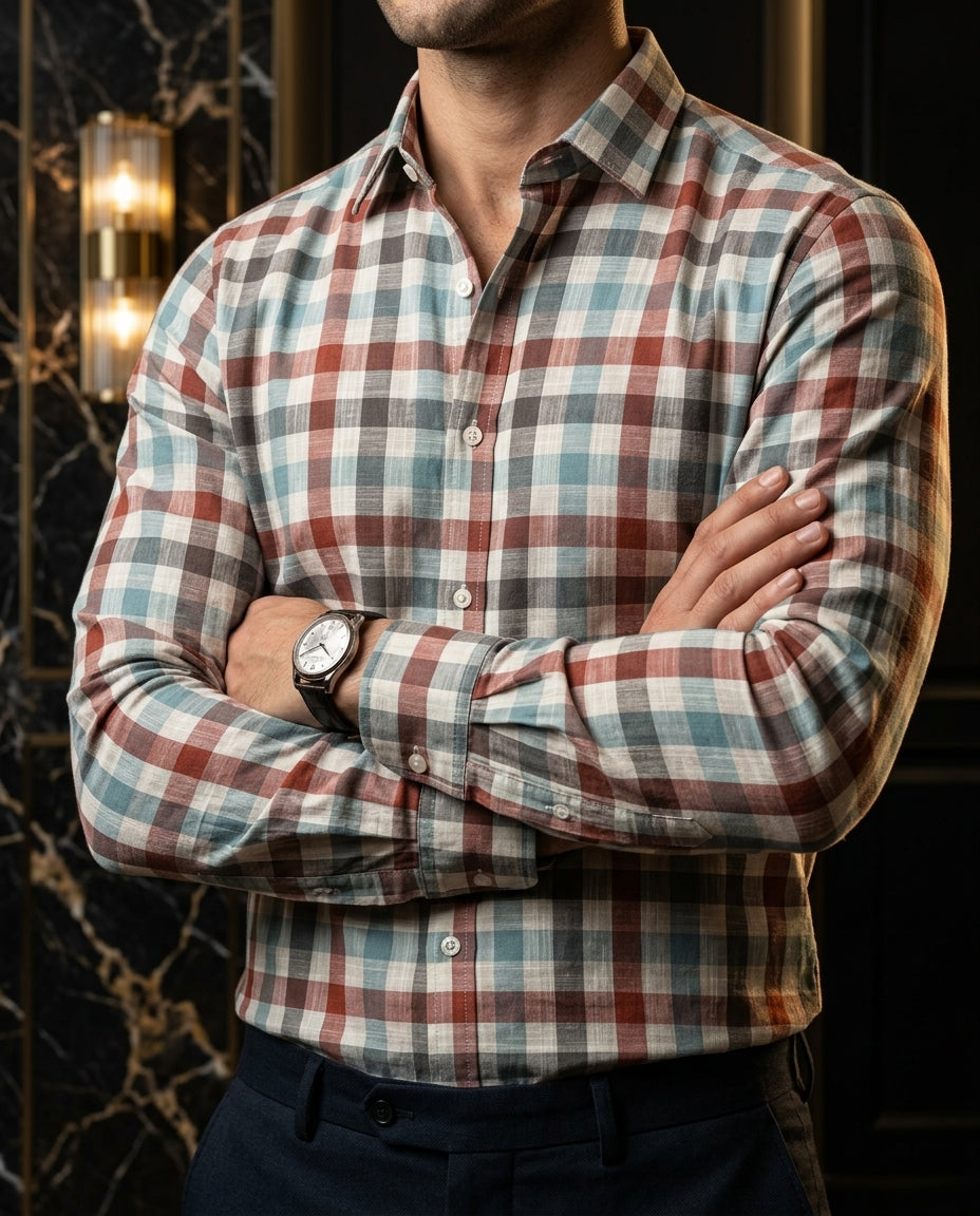 Camisa Slim Fit Cuadros Rojo Gris Vino